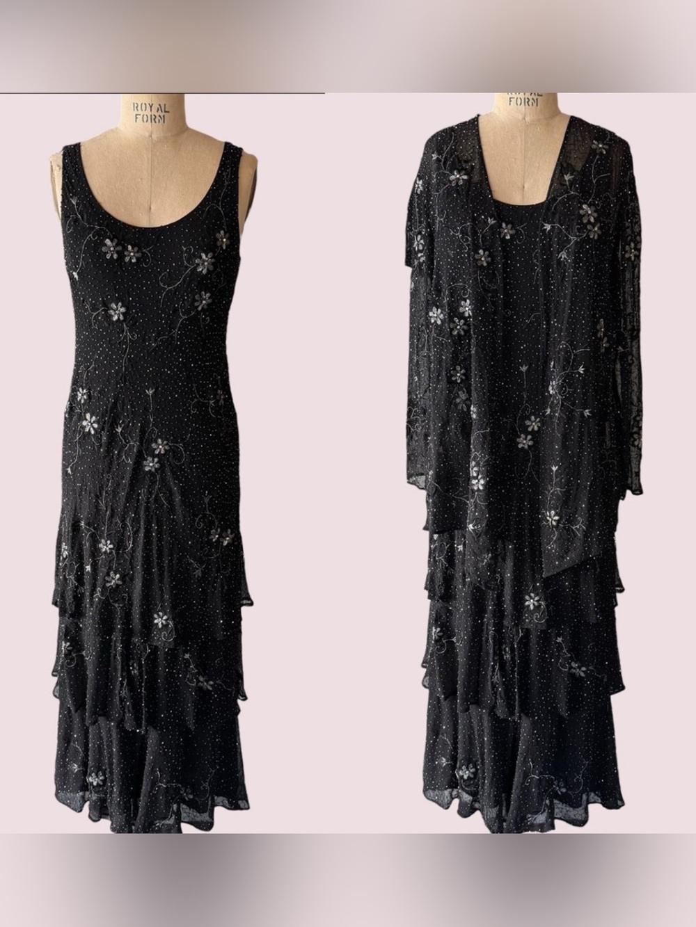 Vintage 100% Silk Beaded Floral Tiered Dress Shawl Set Bias Cut
